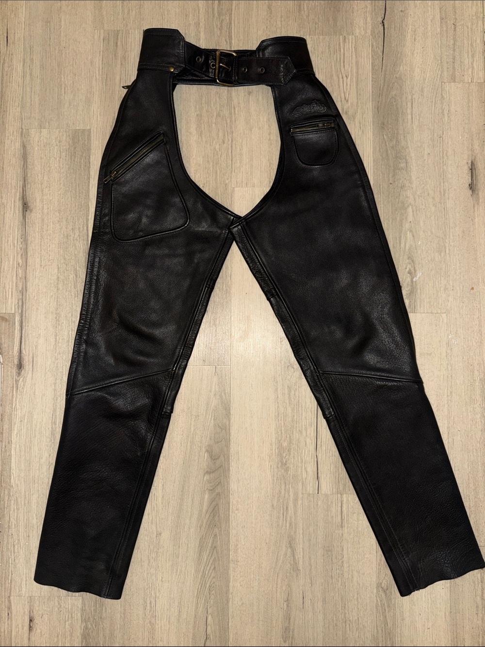 Black Leather Motorcycle Chaps with Belted Waist